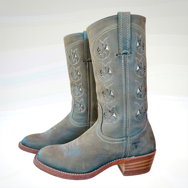 FRYE Vintage Austin Flower Green Cowboy Boots - Botablu