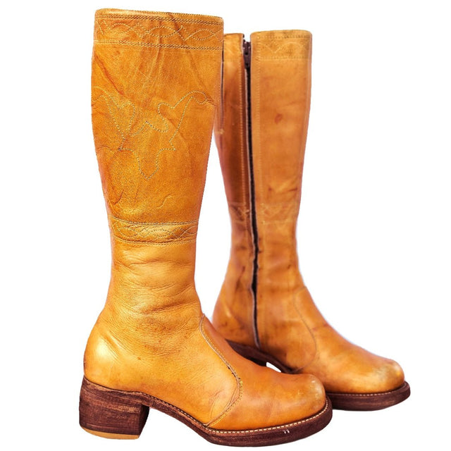 FRYE Vintage Banana Sunrise Black Label Stitching Horse Tall Knee High Zip Boots - Botablu