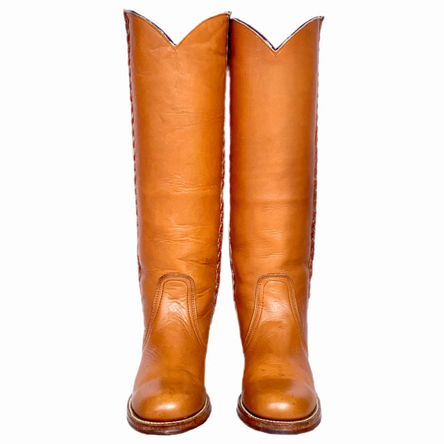 FRYE Vintage Braided Sabrina Campus Tall Knee High Brown Leather Boots - Botablu