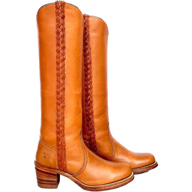 FRYE Vintage Braided Sabrina Campus Tall Knee High Brown Leather Boots - Botablu