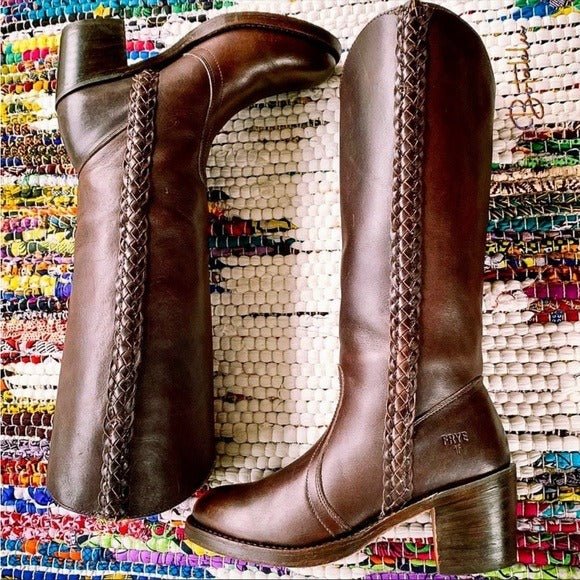 FRYE Vintage Braided Sabrina Campus Tall Knee High Walnut Brown Leather Boots - Botablu