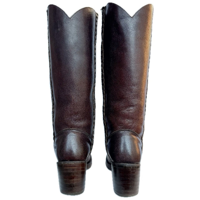 FRYE Vintage Braided Sabrina Campus Tall Knee High Walnut Brown Leather Boots - Botablu