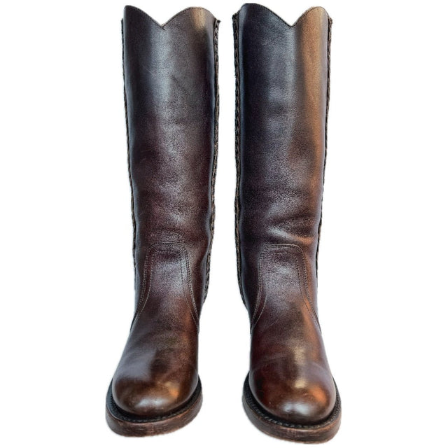 FRYE Vintage Braided Sabrina Campus Tall Knee High Walnut Brown Leather Boots - Botablu