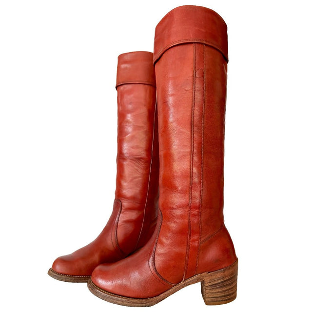 FRYE Vintage Campus Cuff Tall Knee High Red Brown Cowboy Boots - Botablu