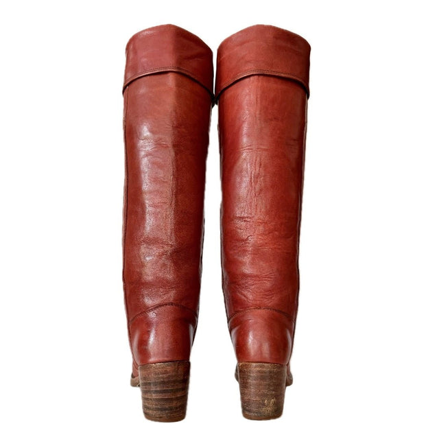 FRYE Vintage Campus Cuff Tall Knee High Red Brown Cowboy Boots - Botablu