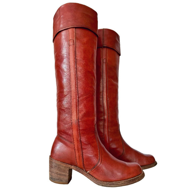 FRYE Vintage Campus Cuff Tall Knee High Red Brown Cowboy Boots - Botablu