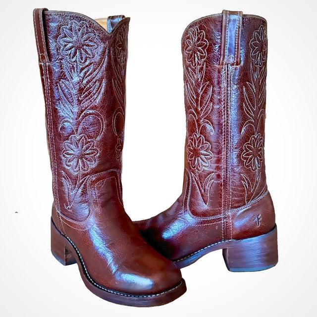 FRYE Vintage Campus Floral Embroidered Brown Cowboy Boots - Botablu