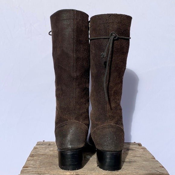 FRYE Vintage Campus Lace Up Tall Knee High Zipper Brown Square Toe Chunky Lug Combat Boots - Botablu