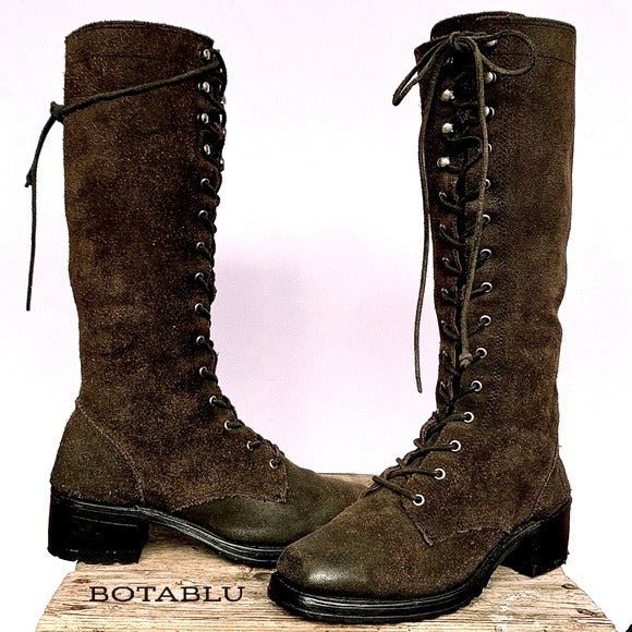 FRYE Vintage Campus Lace Up Tall Knee High Zipper Brown Square Toe Chunky Lug Combat Boots - Botablu