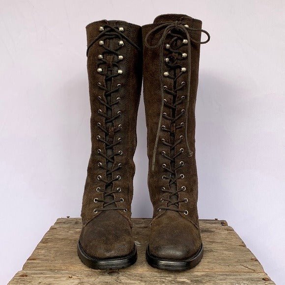 FRYE Vintage Campus Lace Up Tall Knee High Zipper Brown Square Toe Chunky Lug Combat Boots - Botablu