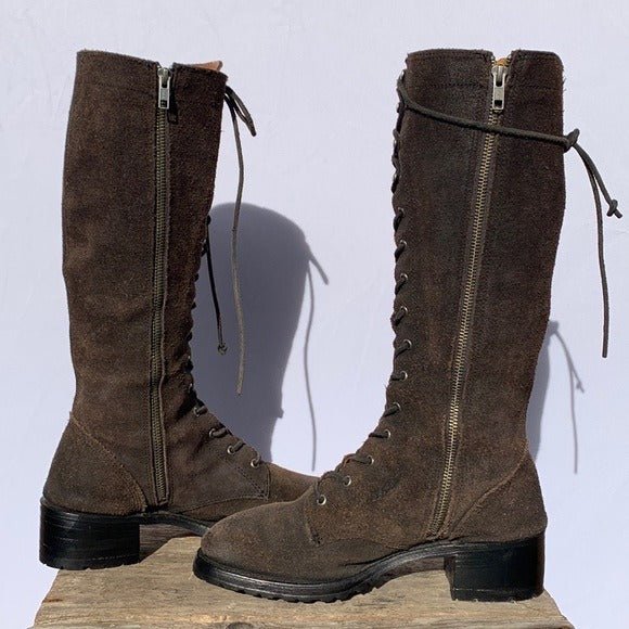 FRYE Vintage Campus Lace Up Tall Knee High Zipper Brown Square Toe Chunky Lug Combat Boots - Botablu