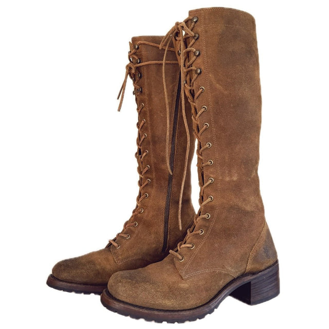 FRYE Vintage Campus Lace Up Tall Knee High Zippered Brown Boots - Botablu