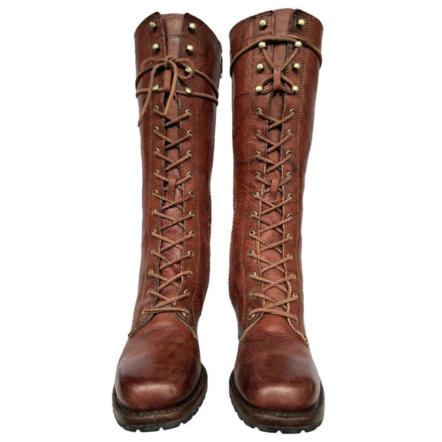 FRYE Vintage Campus Lace Up Tall Knee High Zippered Brown Leather Boots - Botablu