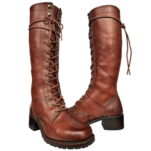 FRYE Vintage Campus Lace Up Tall Knee High Zippered Brown Leather Boots - Botablu