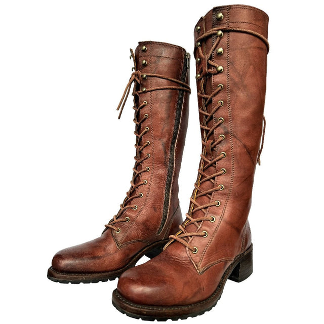 FRYE Vintage Campus Lace Up Tall Knee High Zippered Brown Leather Boots - Botablu