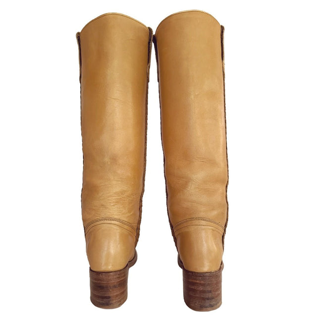 FRYE Vintage Campus Sabrina Braided Tall Knee High Tan Leather Boots - Botablu