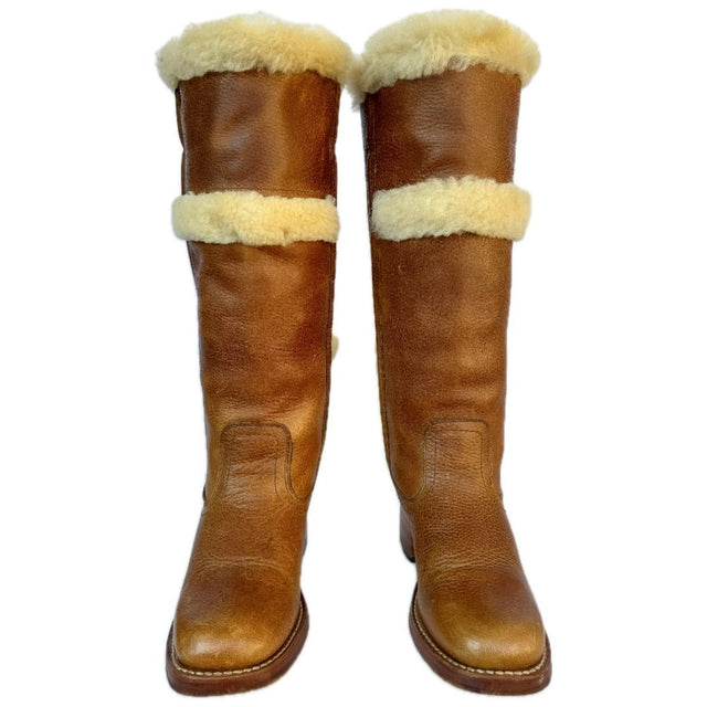 FRYE Vintage Campus Shearling Brown Leather Tall Knee High Western Boots - Botablu