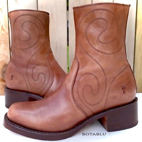 FRYE Vintage Campus Swirl Tan Brown Leather Short Zippered Ankle Bootie Boots - Botablu