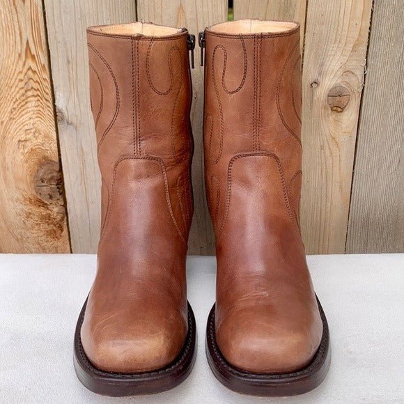 FRYE Vintage Campus Swirl Tan Brown Leather Short Zippered Ankle Bootie Boots - Botablu
