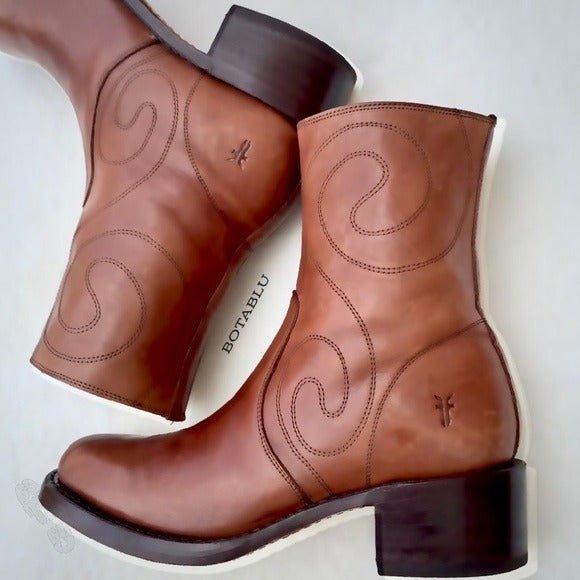 FRYE Vintage Campus Swirl Tan Brown Leather Short Zippered Ankle Bootie Boots - Botablu