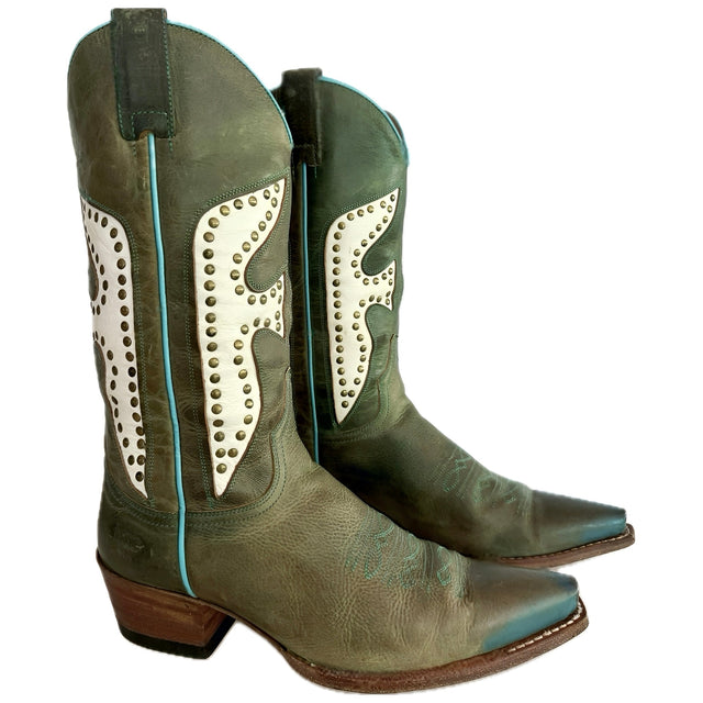 FRYE Vintage Daisy Duke Green White Turquoise Cowgirl Cowboy Western Boots - Botablu