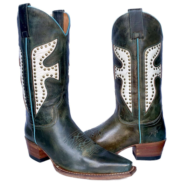 FRYE Vintage Daisy Dukes Green White Turquoise Leather Cowgirl Cowboy Western Boots - Botablu