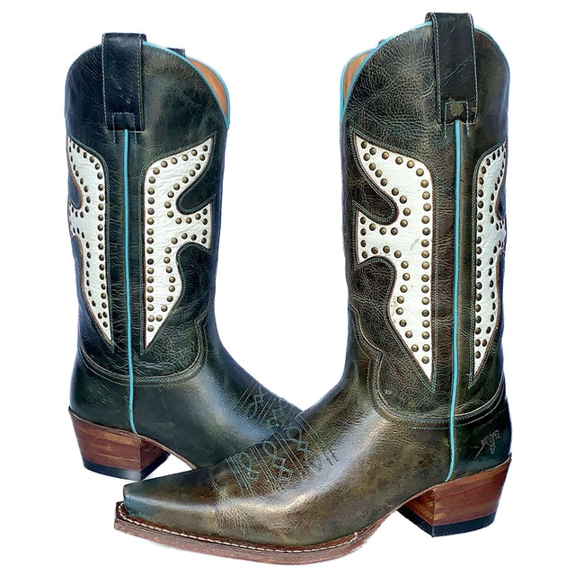 FRYE Vintage Daisy Dukes Green White Turquoise Leather Cowgirl Cowboy Western Boots - Botablu