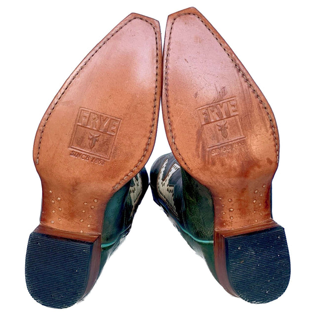 FRYE Vintage Daisy Dukes Green White Turquoise Leather Cowgirl Cowboy Western Boots - Botablu
