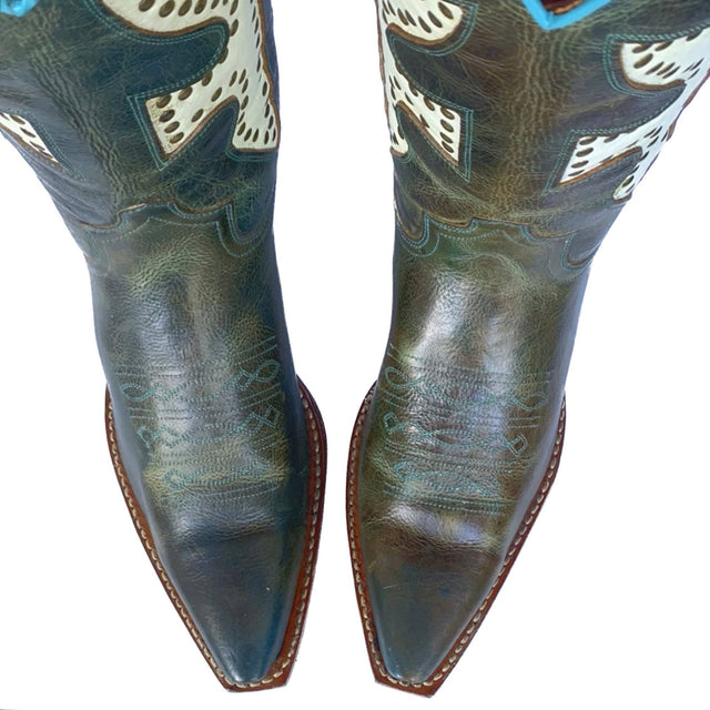 FRYE Vintage Daisy Dukes Green White Turquoise Leather Cowgirl Cowboy Western Boots - Botablu