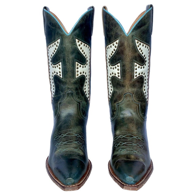 FRYE Vintage Daisy Dukes Green White Turquoise Leather Cowgirl Cowboy Western Boots - Botablu