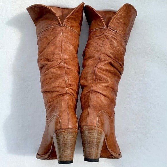 FRYE Vintage Dorado Slouch Brown Leather Tall Cowgirl Cowboy Boho Western Boots - Botablu
