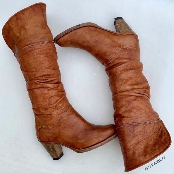 FRYE Vintage Dorado Slouch Brown Leather Tall Cowgirl Cowboy Boho Western Boots - Botablu