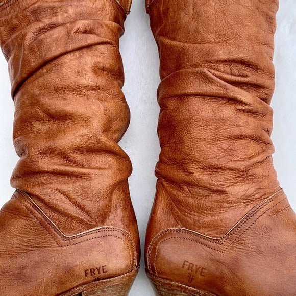 FRYE Vintage Dorado Slouch Brown Leather Tall Cowgirl Cowboy Boho Western Boots - Botablu