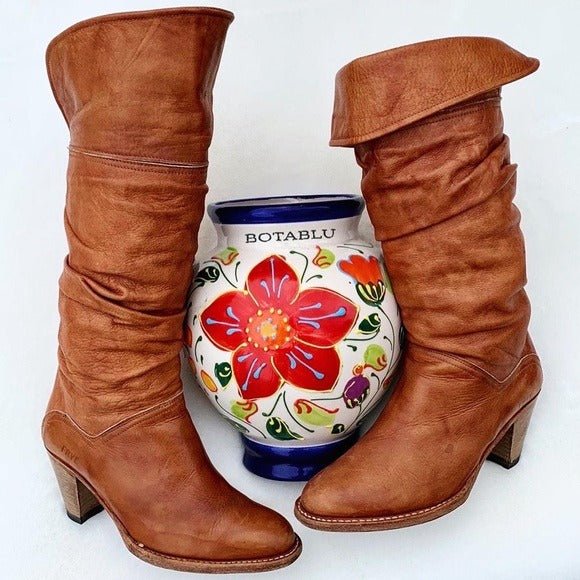 FRYE Vintage Dorado Slouch Brown Leather Tall Cowgirl Cowboy Boho Western Boots - Botablu