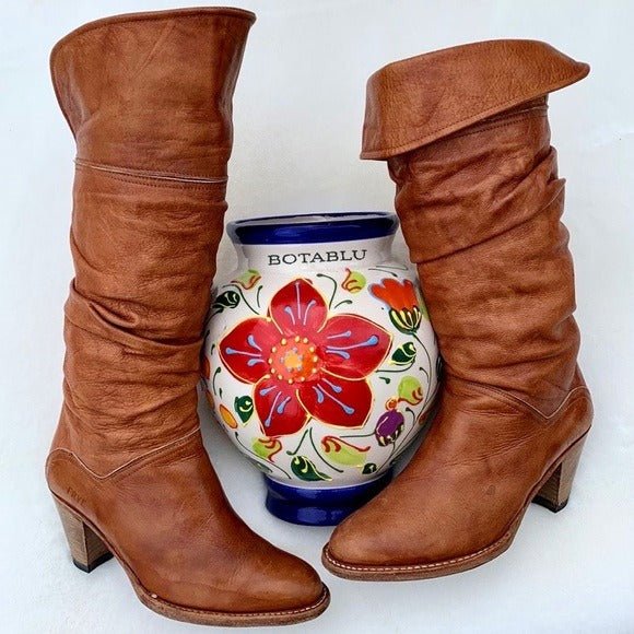 FRYE Vintage Dorado Slouch Brown Leather Tall Cowgirl Cowboy Boho Western Boots - Botablu