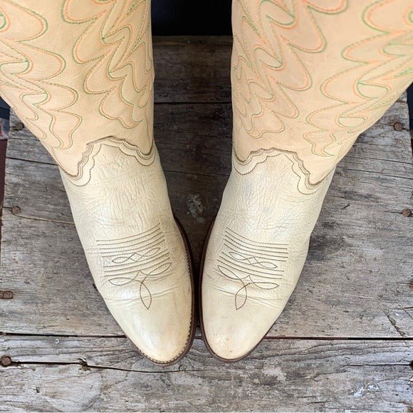 FRYE Vintage Ivory Beige Tall Knee High Stitching Cowgirl Cowboy Western Boots - Botablu