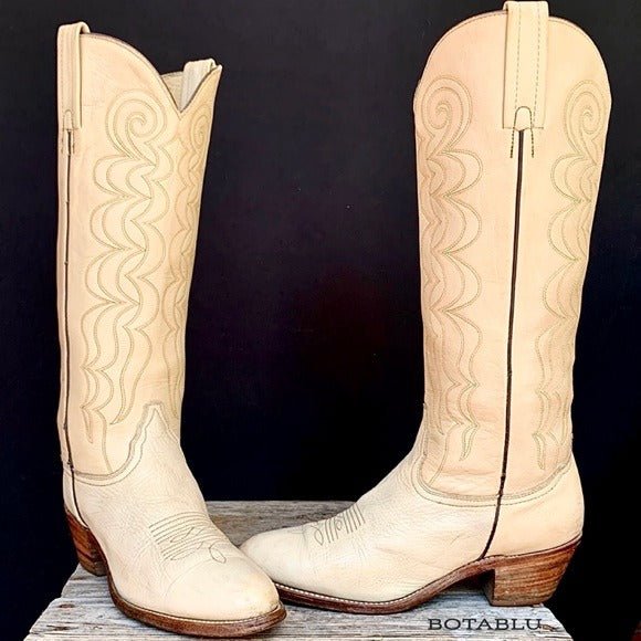 FRYE Vintage Ivory Beige Tall Knee High Stitching Cowgirl Cowboy Western Boots - Botablu