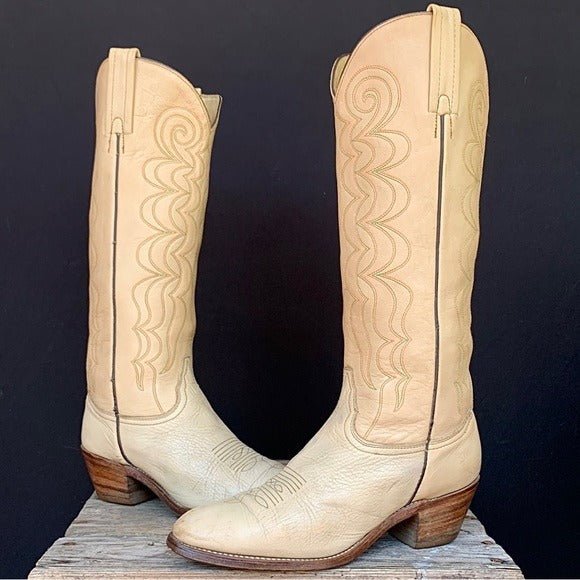 FRYE Vintage Ivory Beige Tall Knee High Stitching Cowgirl Cowboy Western Boots - Botablu