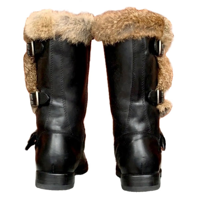 FRYE Vintage Jamie Luxe Rabbit Fur Lined Buckle Zip Black Biker Moto Winter Boots - Botablu