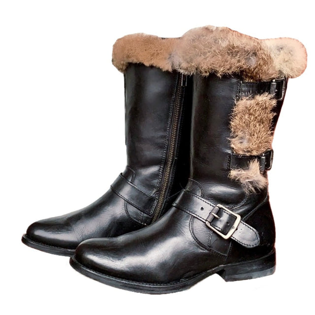 FRYE Vintage Jamie Luxe Rabbit Fur Lined Buckle Zip Black Biker Moto Winter Boots - Botablu