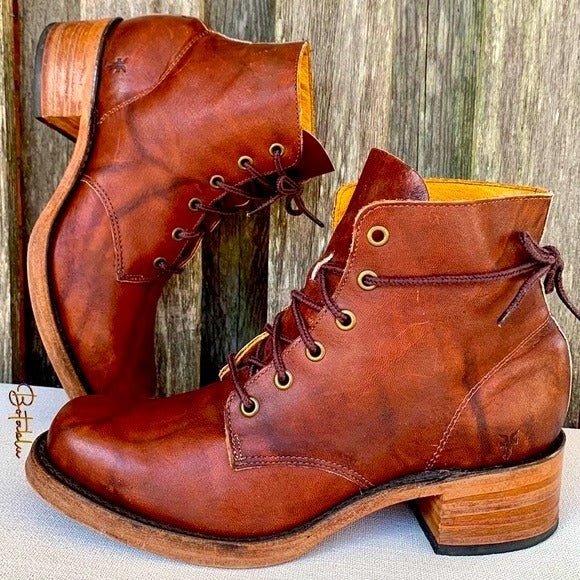 FRYE Vintage Lace Up Square Toe Chunky Short Brown Leather Ankle Bootie Boots - Botablu