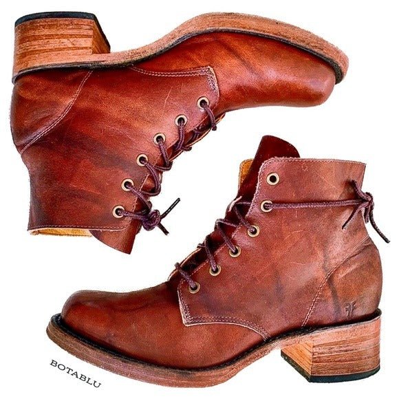 FRYE Vintage Lace Up Square Toe Chunky Short Brown Leather Ankle Bootie Boots - Botablu
