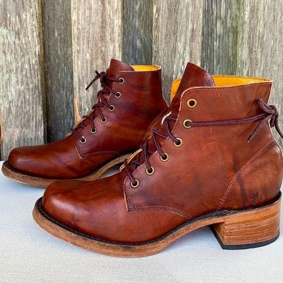 FRYE Vintage Lace Up Square Toe Chunky Short Brown Leather Ankle Bootie Boots - Botablu