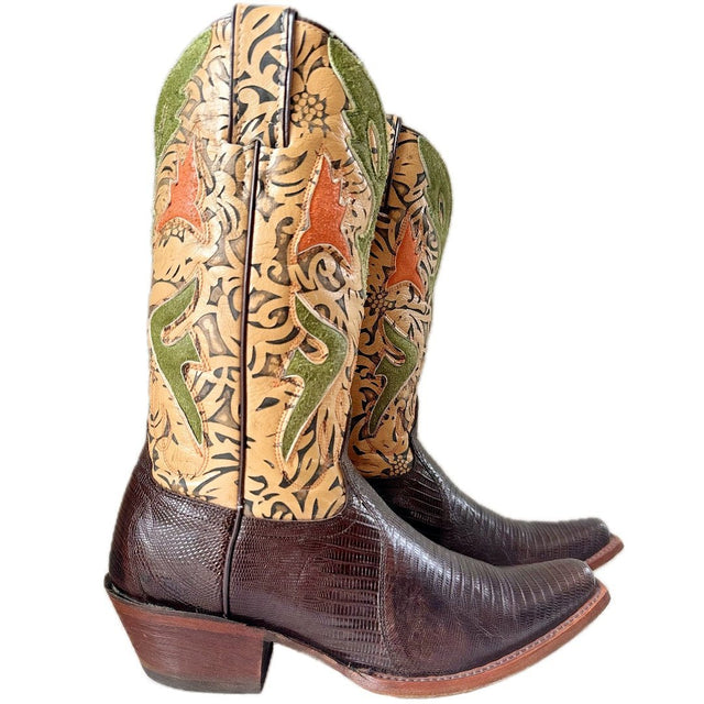 FRYE Vintage Lily Lizard Floral Cowgirl Cowboy Western Boots - Botablu