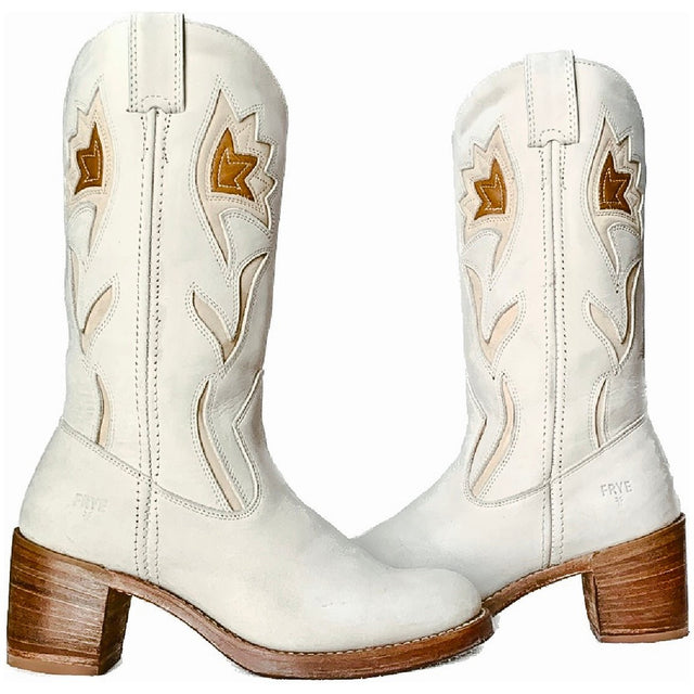 FRYE Vintage Sabrina Campus Floral White Leather Cowgirl Boots - Botablu
