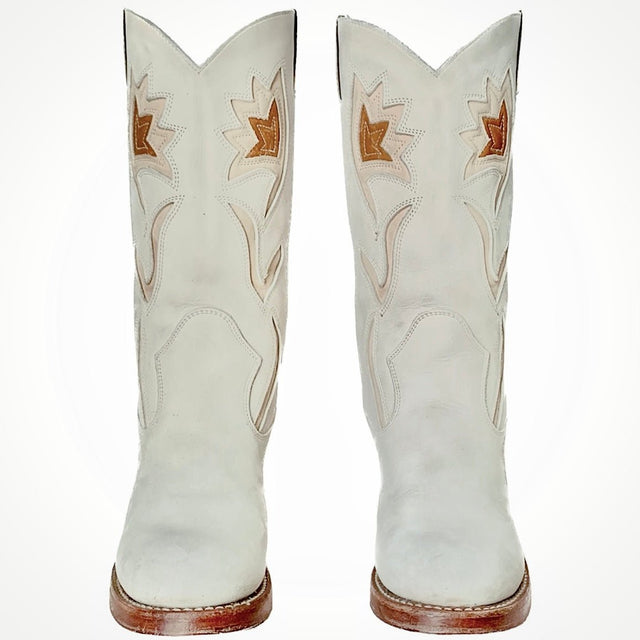 FRYE Vintage Sabrina Campus Floral White Leather Cowgirl Boots - Botablu