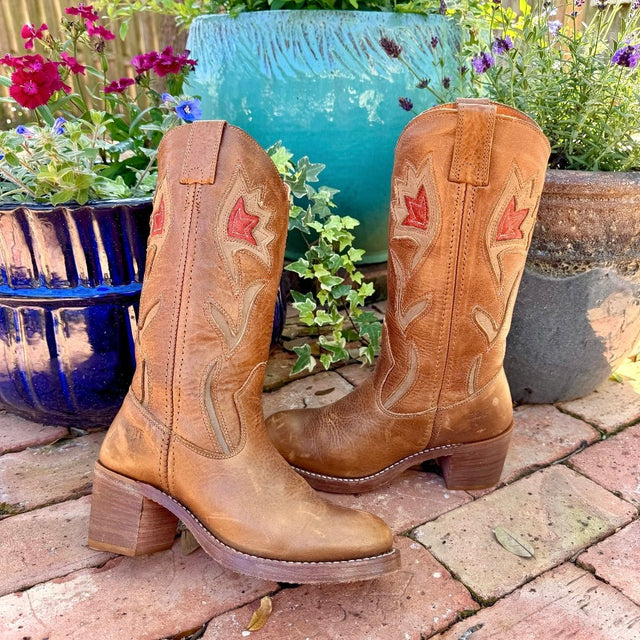 FRYE Vintage Sabrina Campus Floral Metallic Brown Cowboy Boots - Botablu