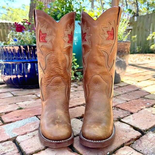 FRYE Vintage Sabrina Campus Floral Metallic Brown Cowboy Boots - Botablu