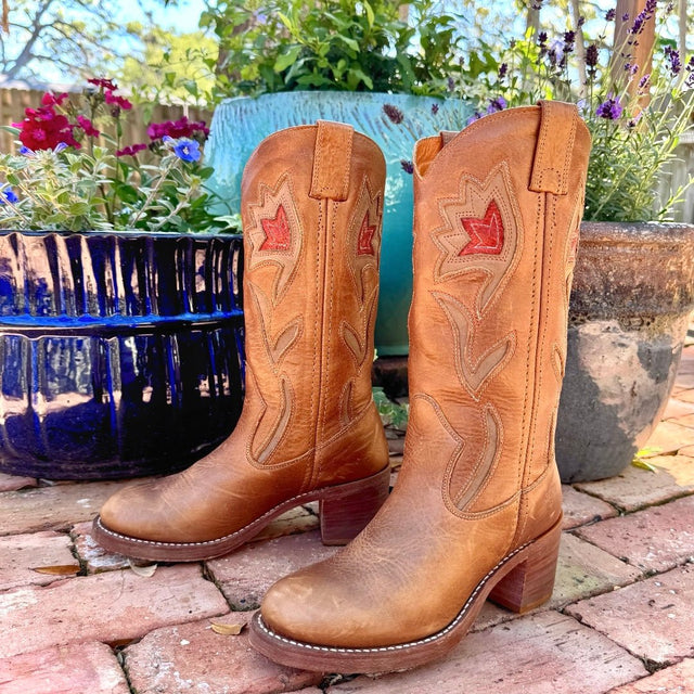 FRYE Vintage Sabrina Campus Floral Metallic Brown Cowboy Boots - Botablu
