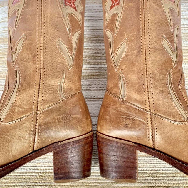 FRYE Vintage Sabrina Campus Metallic Brown Leather Floral Cowgirl Cowboy Western Boots - Botablu